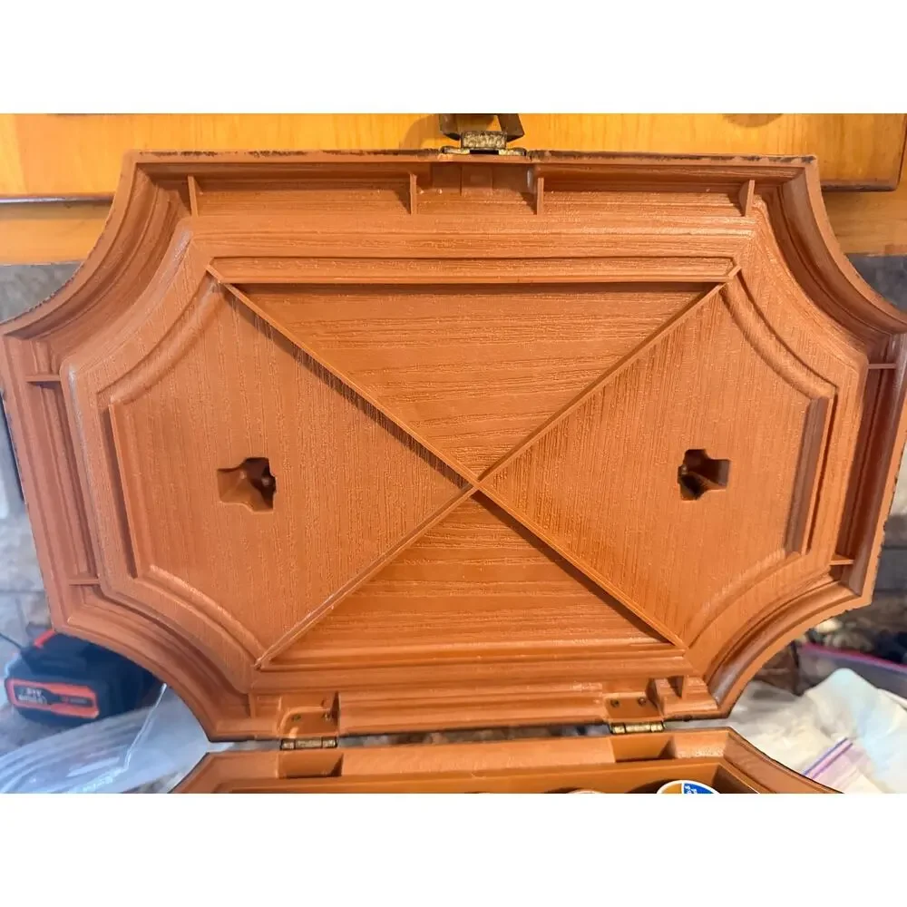 Vintage sewing basket plastic ornate faux wood